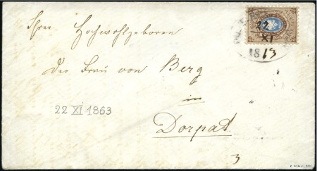 Stamp of Russia » Russia Imperial 1858 Second Issues Arms perf. 12 1/4 : 12 1/2 (St. 5-7) 10k Arms, perf. 12 1/4 : 12 1/2 tied to 1863 envel