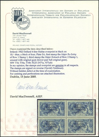 Stamp of Ireland 10s Grey-blue, mint block of four, showing MAJOR R