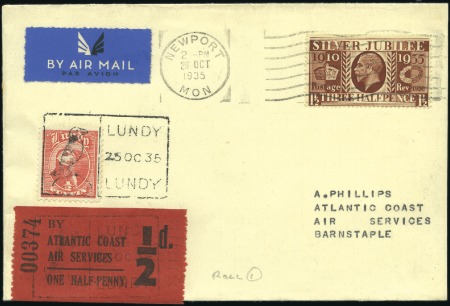 Stamp of Great Britain » Locals LUNDY: 1935 (Oct 25) Envelope with 1/2d Puffin tie