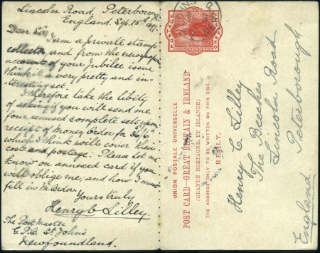 Stamp of Canada » Newfoundland 1897 (Sep 15) Complete reply paid postcard sent fr
