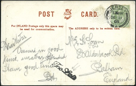 Stamp of Great Britain » Channel Islands » Jersey 1905 (Dec 11) Postcard with KEVII 1/2d tied by Jer