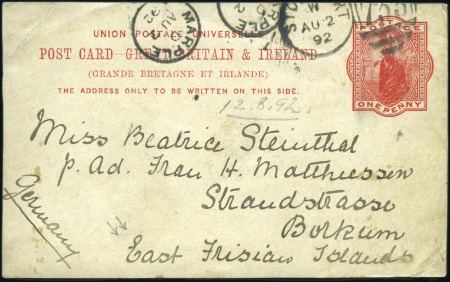 Stamp of Great Britain 1892 (Aug 2) UPU 1d postcard from Marple to BORKUM