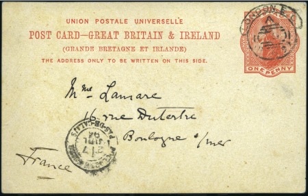 Stamp of Great Britain 1899 (Jul 6) UPU 1d postcard to France cancelled b