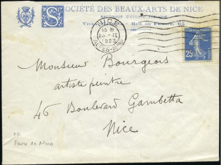 Stamp of France 1923 FAUX DE NICE 25c Semeuse sur enveloppe à en-t