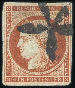 Stamp of France 1849 1F vermillon avec rarissime oblitération rosa