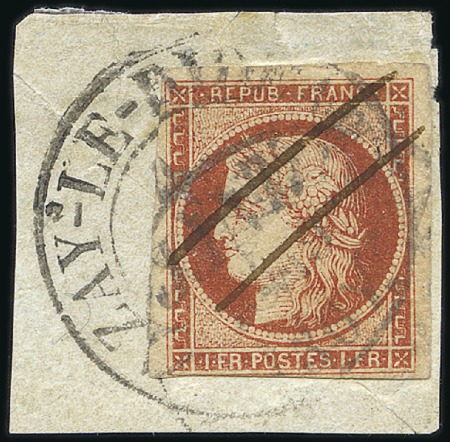 Stamp of France 1849 1F vermillon avec rarissime oblitération gran