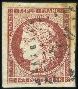 Stamp of France 1849 1F carmin avec marges exceptionnelles et vois