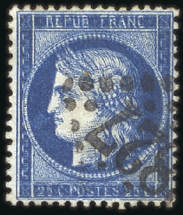Stamp of France 1871-75 25c bleu IMPRESSION DOUBLEE, belle dentelu