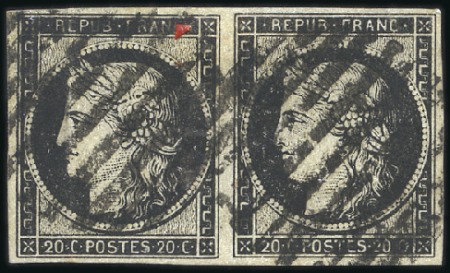 Stamp of France 1849 20c noir en paire avec très rare oblitération