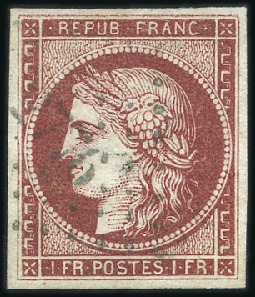 Stamp of France 1849 1F montrant rare nuance "carmin cerise" obl.