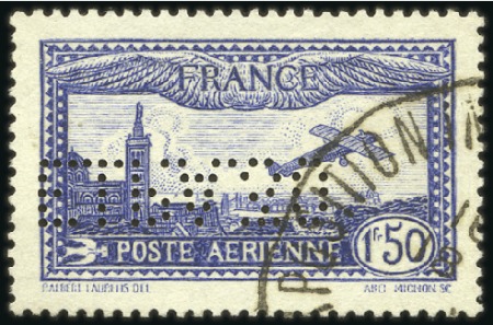 Stamp of France 1930 1F50 bleu perforé EIPA30 avec belle oblitérat
