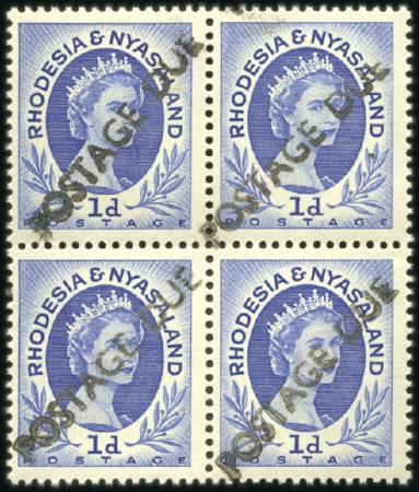 Stamp of Rhodesia and Nyasaland 1954-56 1d Ultramarine with "POSTAGE DUE" hs diago