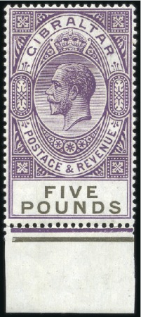Stamp of Gibraltar 1925-32 £5 bottom margin example, mint hinge remai