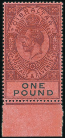 Stamp of Gibraltar 1912-24 £1 bottom margin example, MNH never hinged