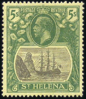 Stamp of St. Helena 1922-37 5s with PLATE ERROR: "cleft rock" mint hin