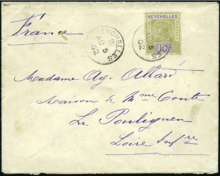 Stamp of Seychelles 1902 (Aug 5) Envelope to France with 1893 15c tied