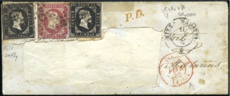 Stamp of Italian States » Sardinia 1851 5c deep black + 5c black +40c rose on cover (