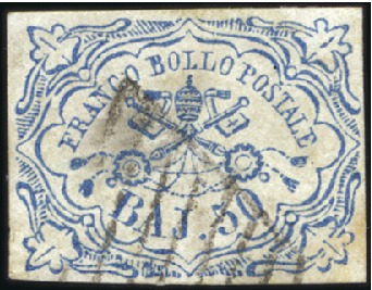 Stamp of Italian States » Papal States 1852 50baj Blue used with fine grid cancel, superb