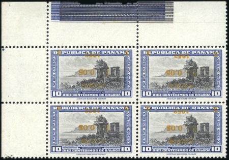 Stamp of Panama 1952 5c on 10 black & blue, mint nh top left corne