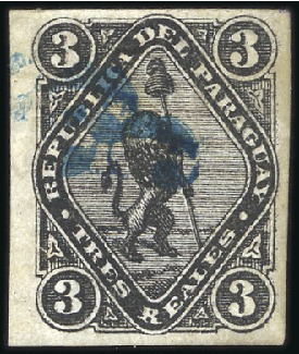 Stamp of Paraguay 1878 5c on 3c black, unused with blue surcharged D