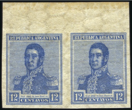 Stamp of Argentina 1917 12c Blue, proof, mint top marginal IMPERF pai