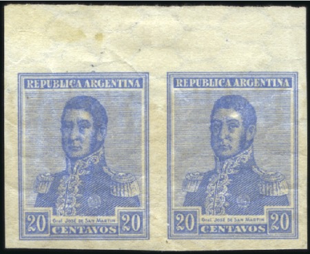 Stamp of Argentina 1916 20c Ultramarine, proof, mint top marginal IMP