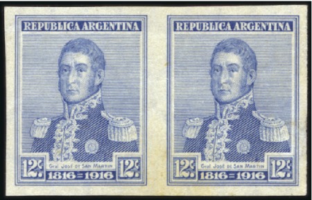 Stamp of Argentina 1916 12c Ultramarine, proof, mint IMPERF pair, ver