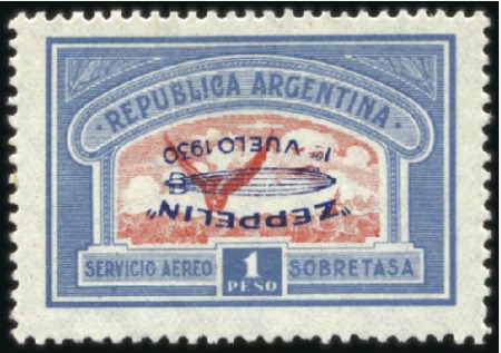 Stamp of Argentina 1930 Zeppelin 1p slate blue & red, mint, showing O