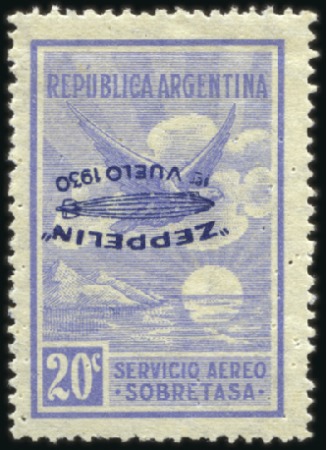 Stamp of Argentina 1930 Zeppelin 20c blue, mint, showing OVPT INVERTE