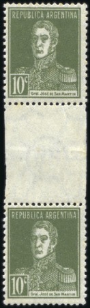 Stamp of Argentina 1923 San Martin 10c dull green, mint vertical gutt