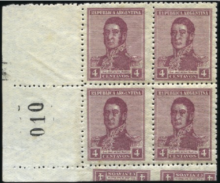 Stamp of Argentina 1917 San Martin 4c red violet, mint nh left margin