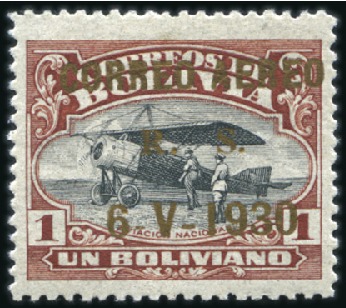 Stamp of Bolivia 1930 Zeppelin set of eight, mint, incl. the three
