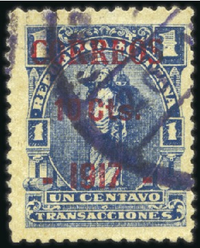 Stamp of Bolivia 1917 10c on 1c blue, used, very fine & rare, cert.