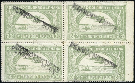 Stamp of Colombia 1921 Scadta 30c on 50c green, mint block of four s