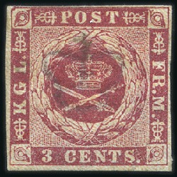 Stamp of Danish West Indies 1855 3c Dark Carmine, with white original gum, pri