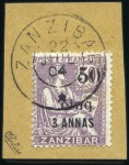 Stamp of Colonies françaises » Zanzibar (Poste française) 1904 Série complète de 13 timbres obl. sur fragmen