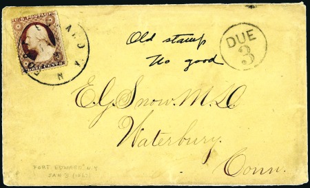 Stamp of United States 1862 “Old Stamp No Good” manuscript on cover with 