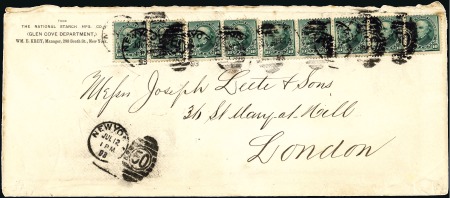Stamp of United States 1890 10c (226), strip of five and two pairs, tied 