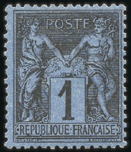 Stamp of France 1877-80, Le fameux 1c BLEU DE PRUSSE neuf, légère
