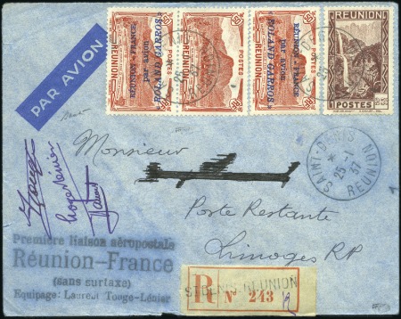 Stamp of Colonies françaises » Réunion 1937 50c "ROLAND GARROS" avec rarissime surcharge 