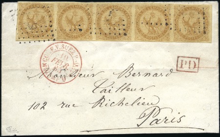 Stamp of Colonies françaises » Réunion 1865 Lettre pour Paris avec superbe bande de cinq