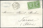 Stamp of France 1871 5c vert pâle sur bleu: sélection de trois let