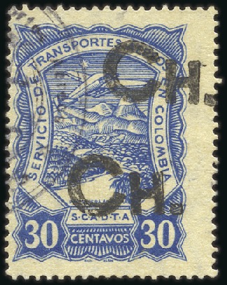 Stamp of Colombia 1923 Scadta Chile 30c blue, used showing DOUBLE HA