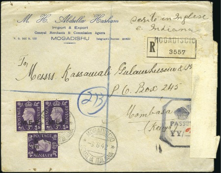 Stamp of Somaliland Protectorate 1942 (Jun 6) Censored commercial envelope sent reg