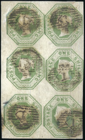 Stamp of Great Britain » 1847-54 Embossed 1s Green block of six, one stamp just touched at r