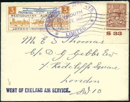 Stamp of Great Britain 1933 (Nov 26) West Country Air Service flight cove
