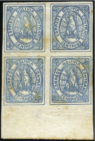 Stamp of Bolivia 1868 50c Blue, mint bottom marginal block of four,