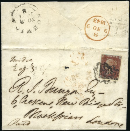 Stamp of Great Britain » 1841 1d Red 1843 (Nov 8) Entire with 1841 1d red (three margin
