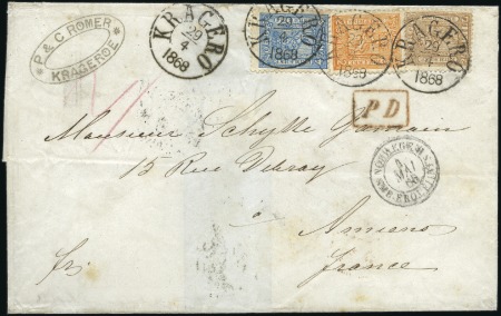 Stamp of Norway 1863 24sk brown together with 1867 2sk and 4sk tie