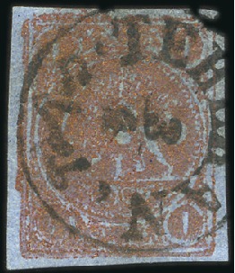 Stamp of Persia 1878 1 Toman red bronze on blue paper, type C, use